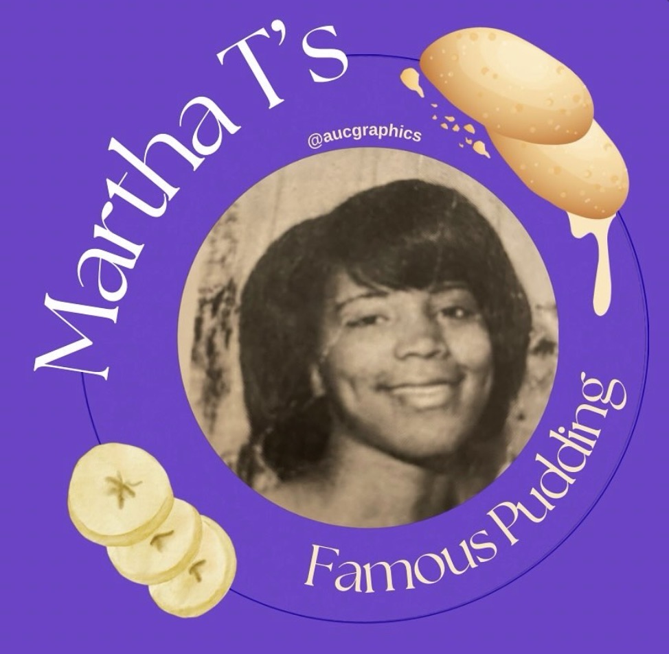 Black and white photo of a smiling woman with short hair, surrounded by purple background, pudding illustrations, and text.