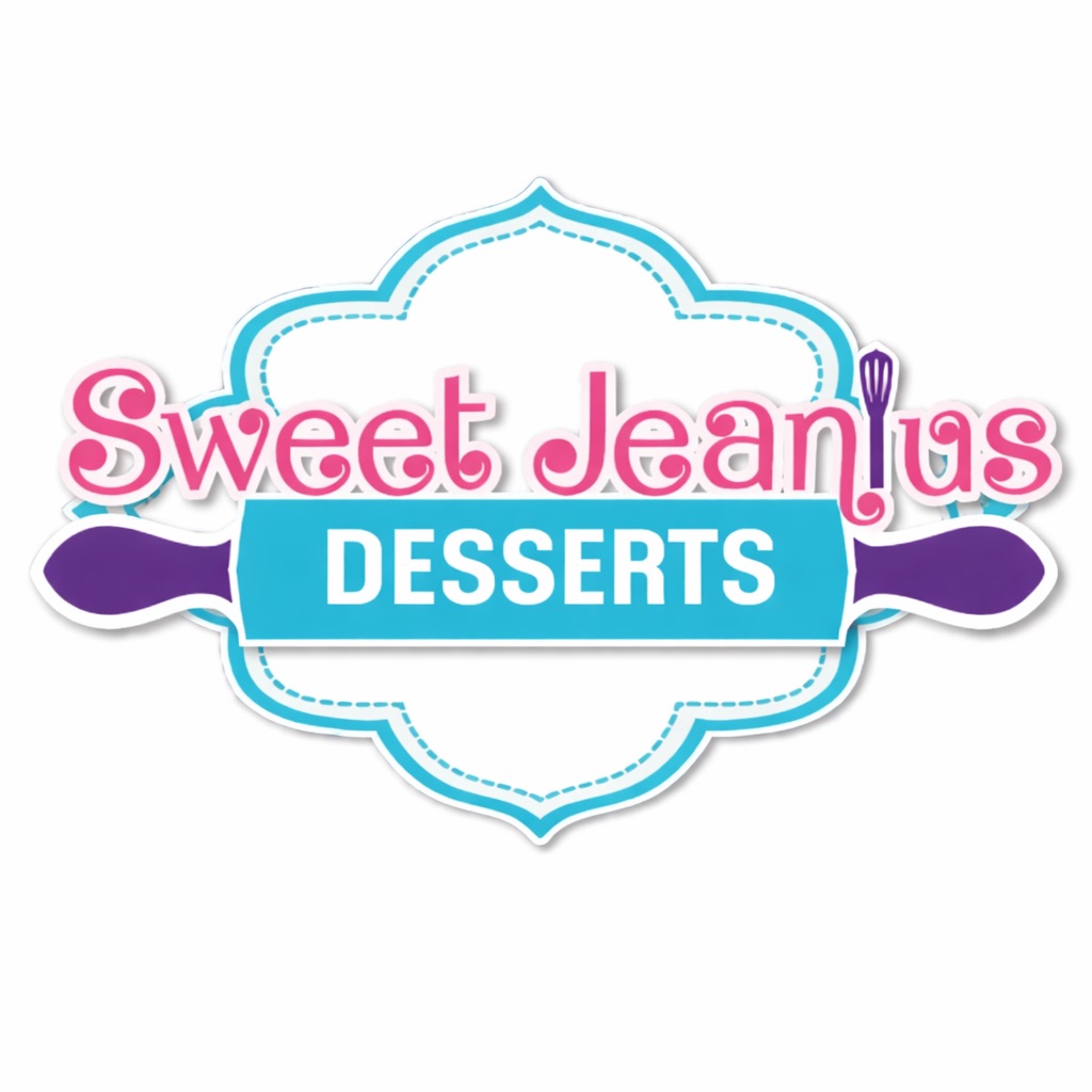 Logo with pink and blue text reading 'Sweet Jeanlus DESSERTS' and a purple spoon, on a white background.