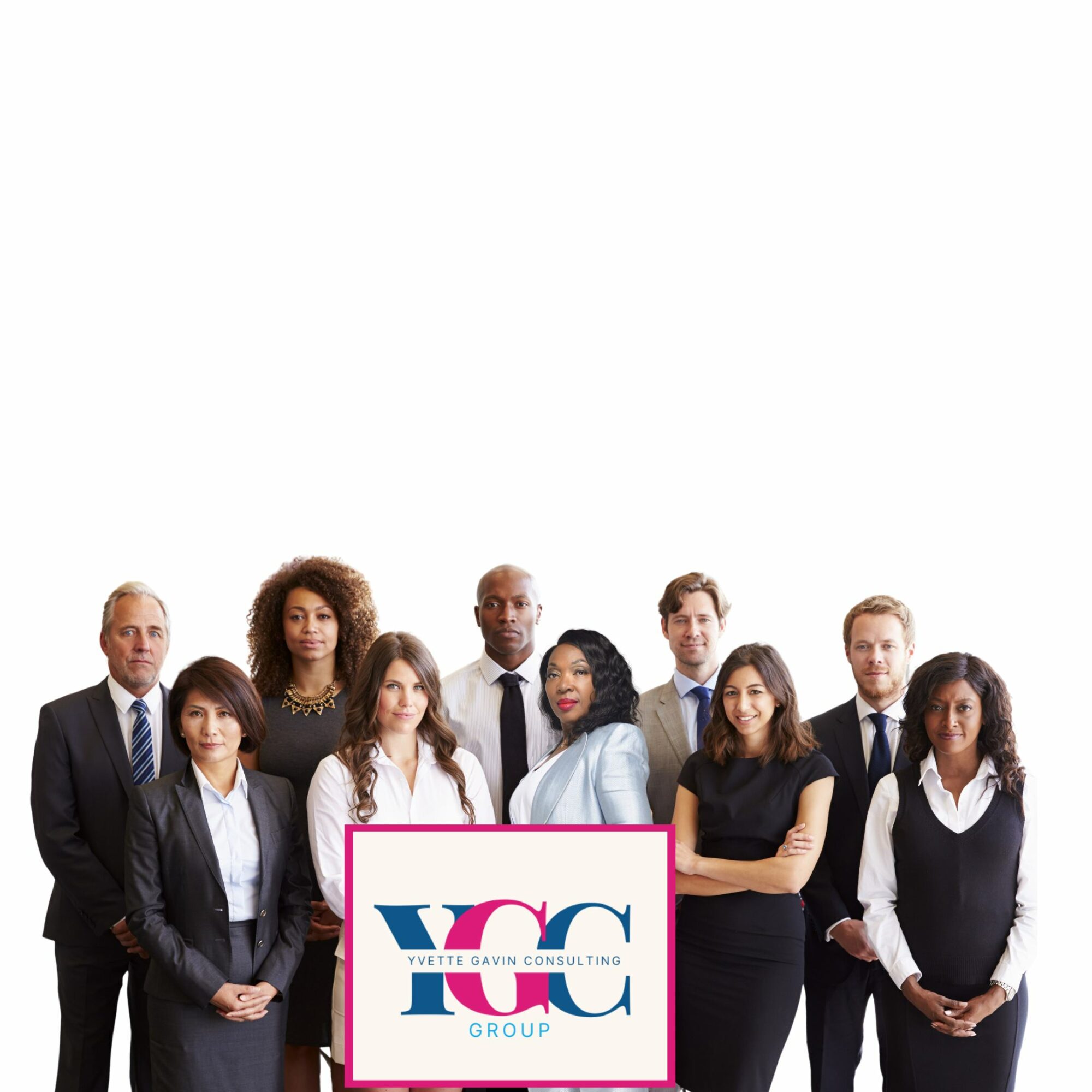 Group of ten diverse professionals standing together, some with arms crossed, in formal business attire, against a white background.