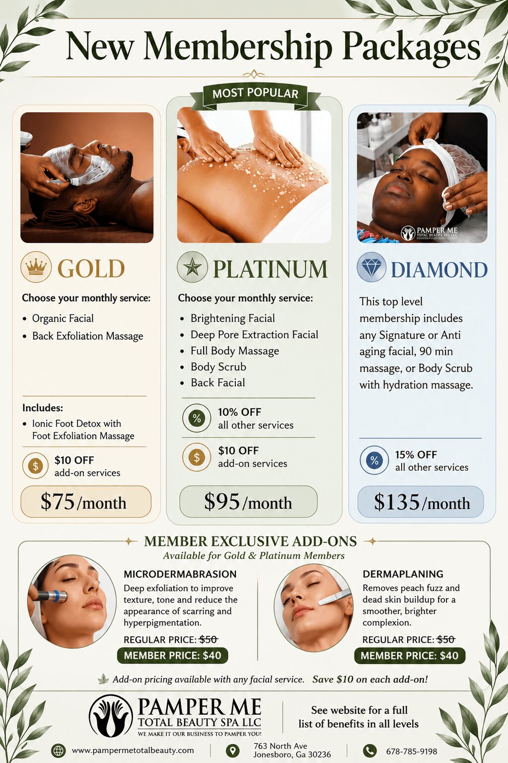 Advertisement for new membership packages with images of people receiving skincare treatments, including gold, platinum, and diamond options, and prices listed.