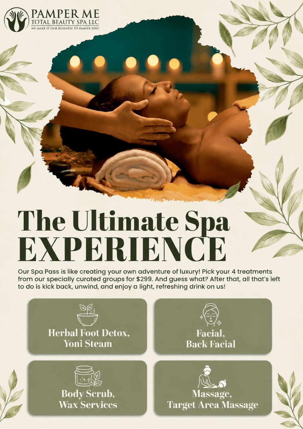 Person receiving a facial massage at spa with candles in background, surrounded by green leaves, promoting relaxation and skincare services.