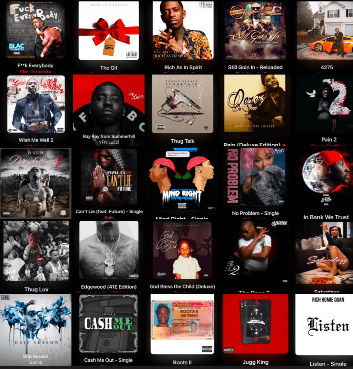 Collage of 20 album covers and promotional images with various artists and themes.