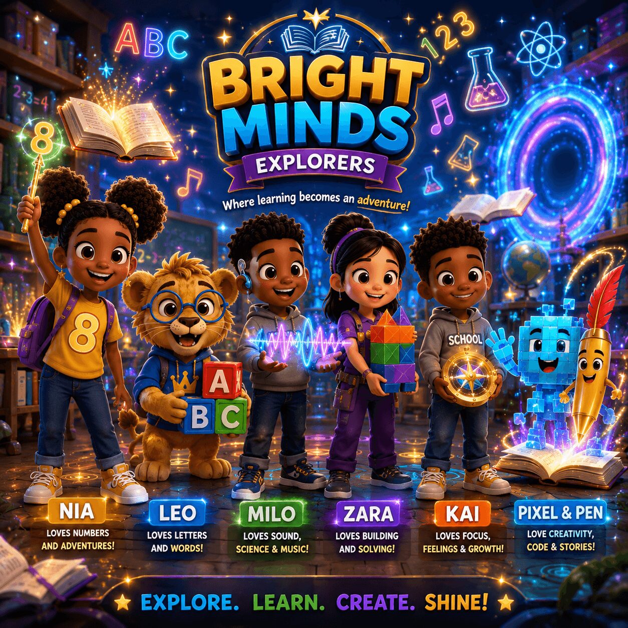 Group of five children and a lion character in front of colorful science and learning graphics, holding books and toys.