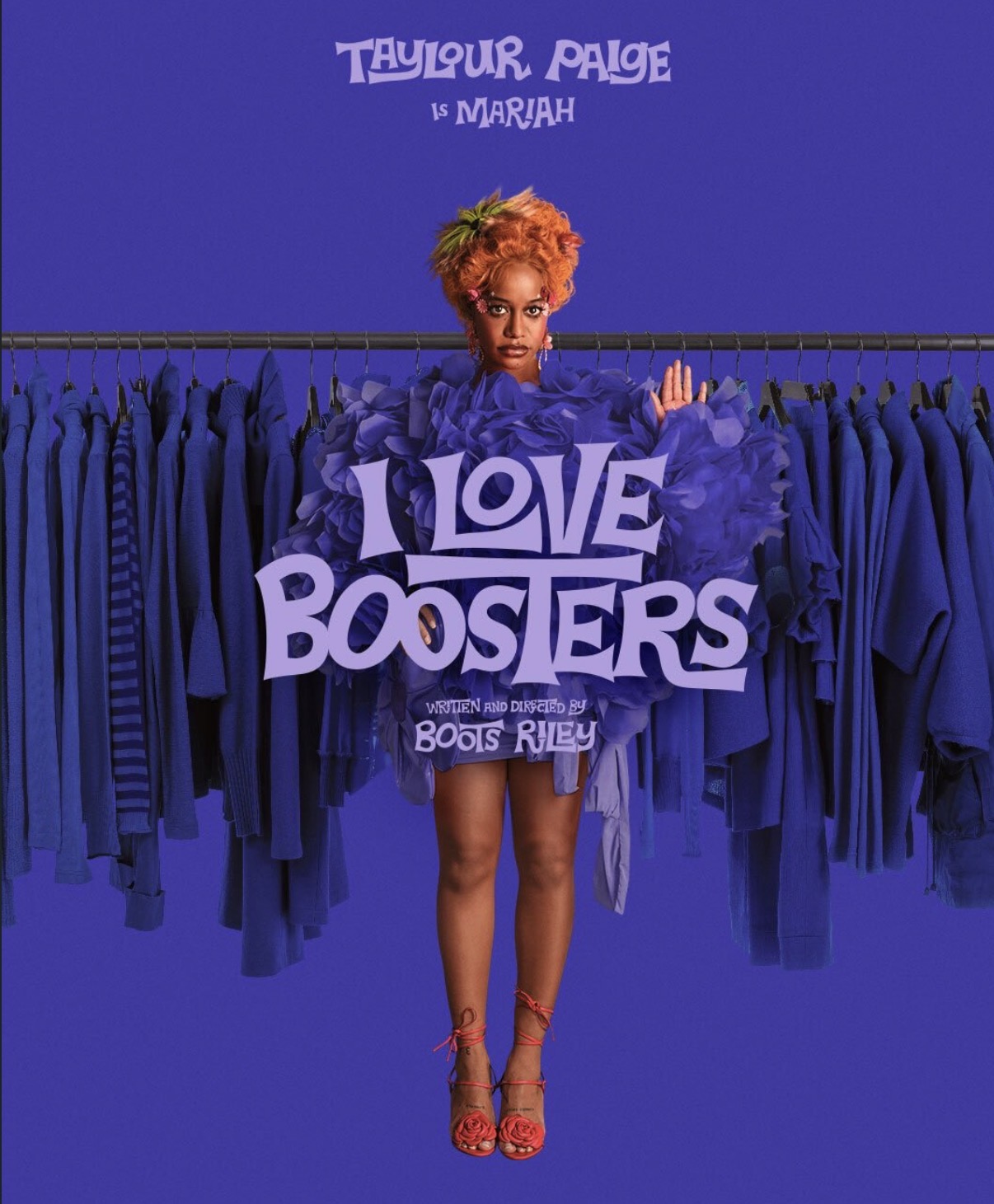 A woman with curly hair holds a purple dress in a clothing store, surrounded by hanging garments, with text above and below.