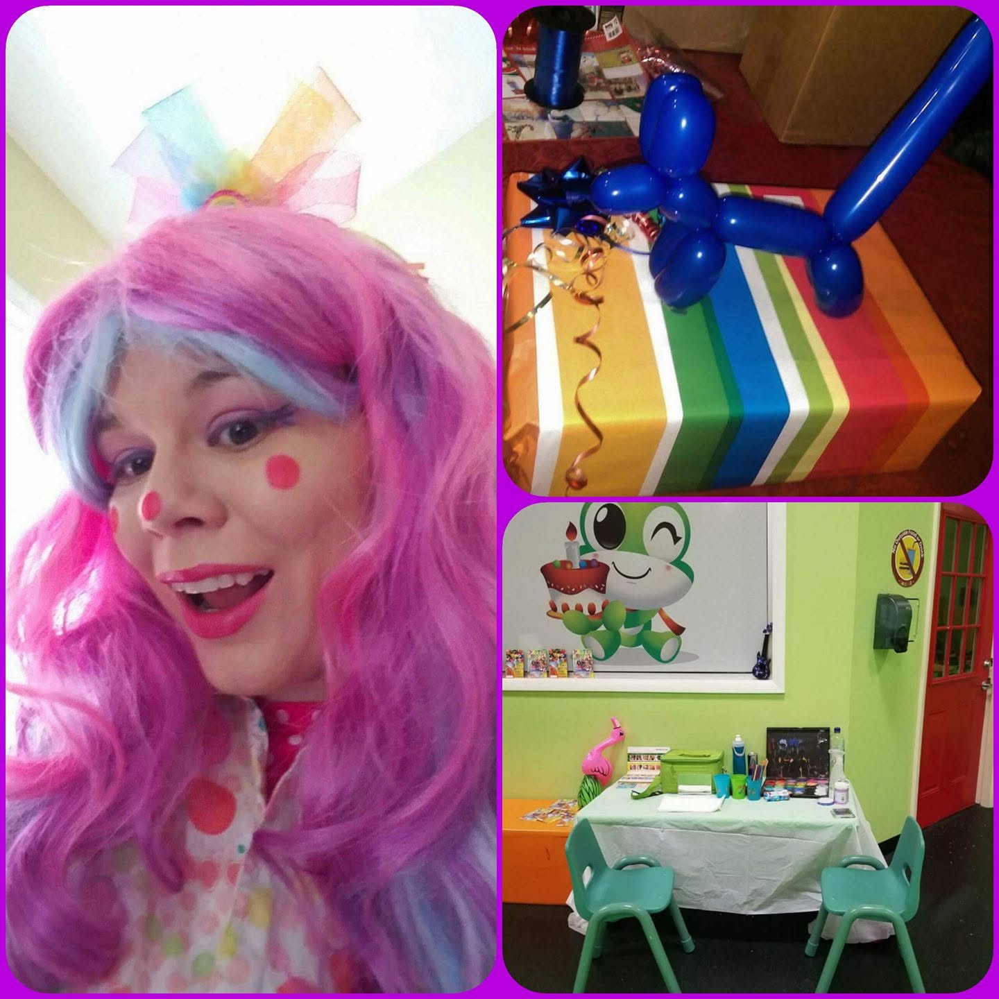 Person in colorful costume with pink and blue wig, rainbow balloon animal, decorated table with toys and a cartoon wall, 20 words