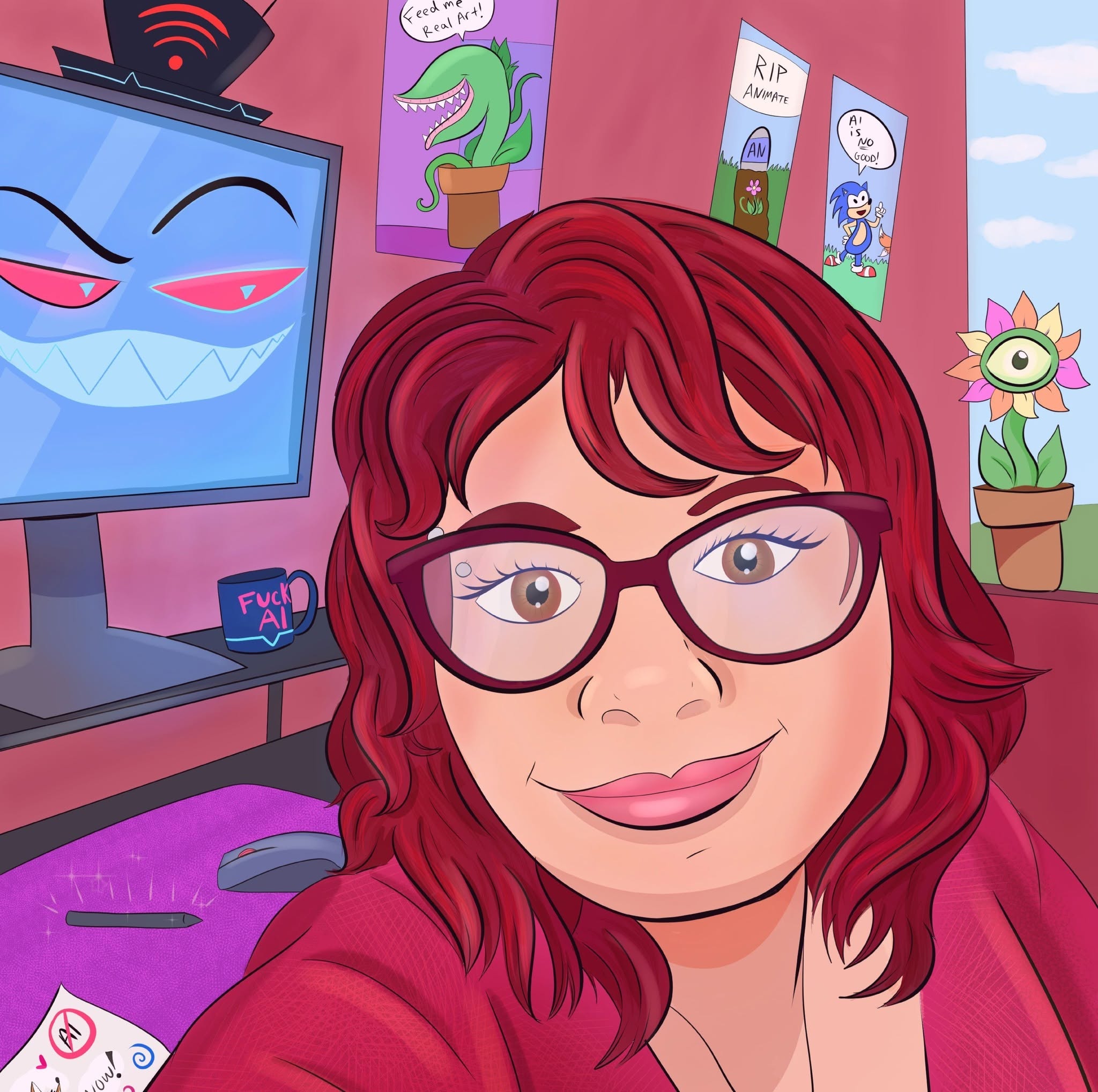 A woman with red hair and glasses takes a selfie in a room with colorful decorations and a computer screen.