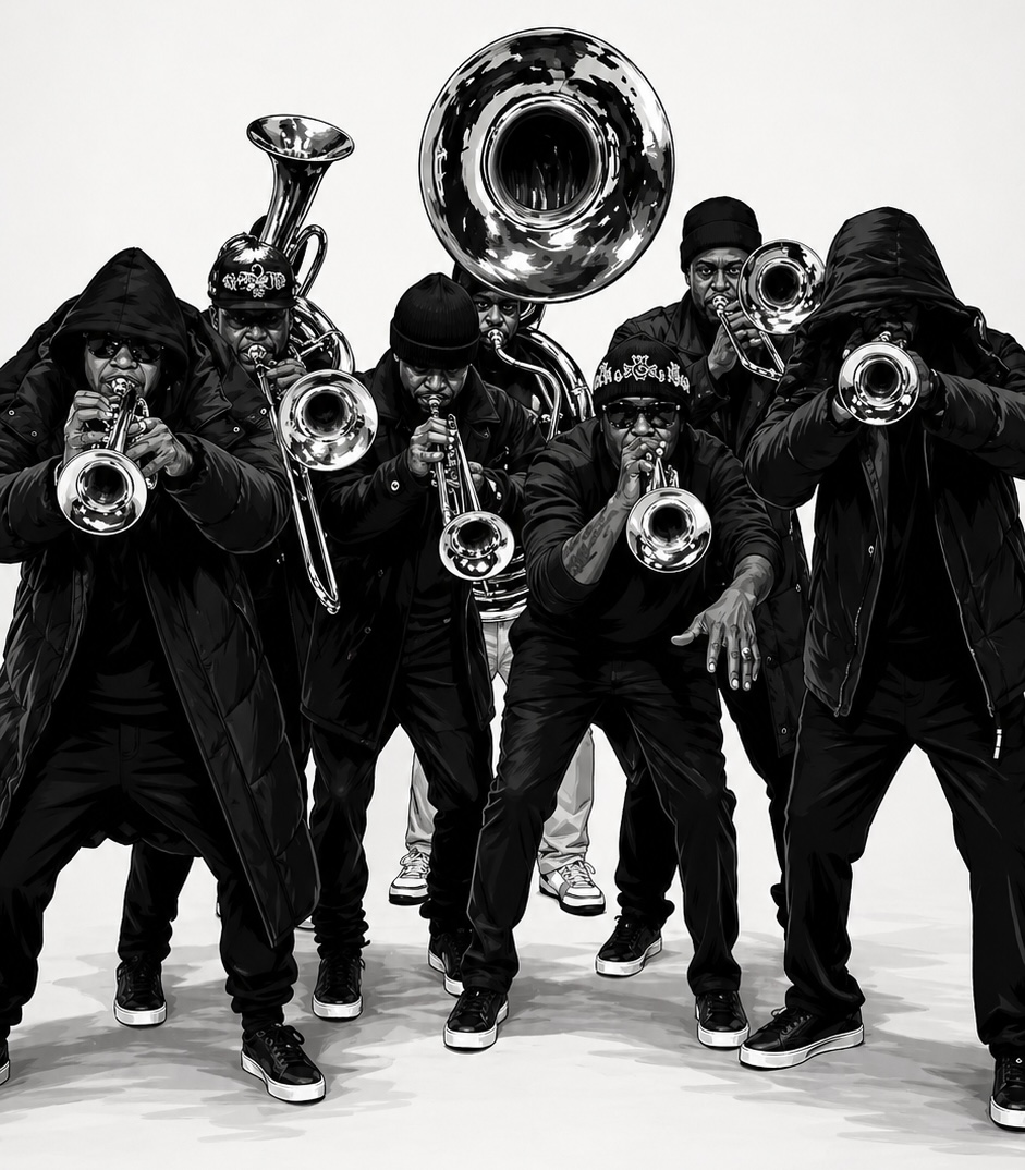 Group of seven musicians playing brass instruments, wearing dark clothing and hats, standing against a plain background.