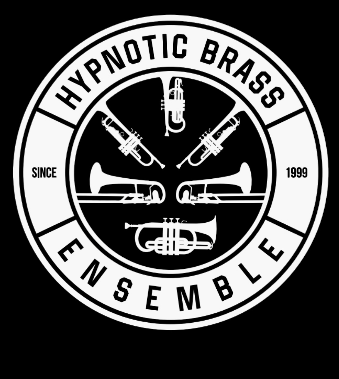Black and white circular logo with musical instruments and text, including 'Hypnotic Brass Ensemble' and 'Since 1999'.