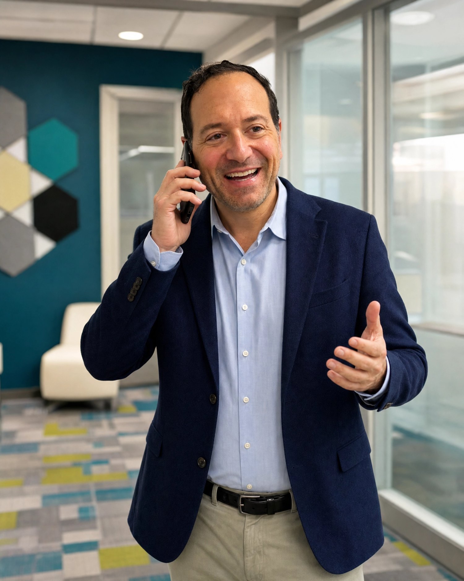 Man smiling and talking on a phone in a modern office with large windows and colorful decor
