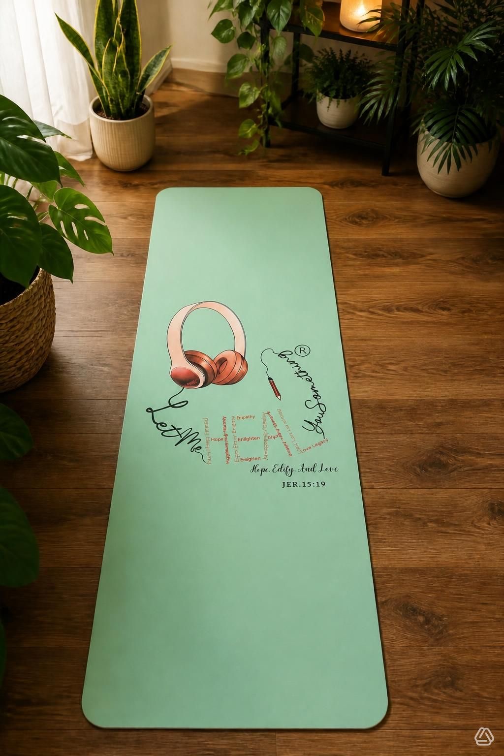 Green yoga mat on wooden floor with potted plants around, a candle, and a pair of pink headphones illustration on the mat.