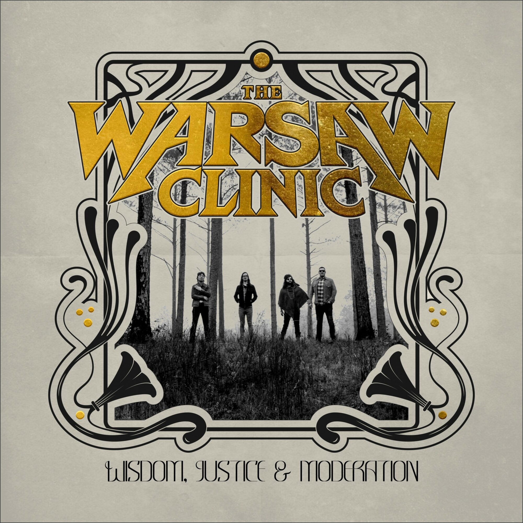 Logo with the text 'The Warsaw Clinic' and 'Justice & Moderation' below, featuring four people in a forest background.