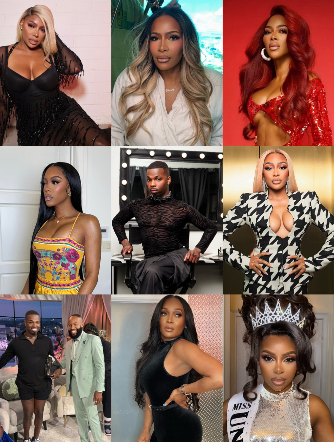 Collage of nine women with various hairstyles and outfits, some posing, some sitting, in different backgrounds.