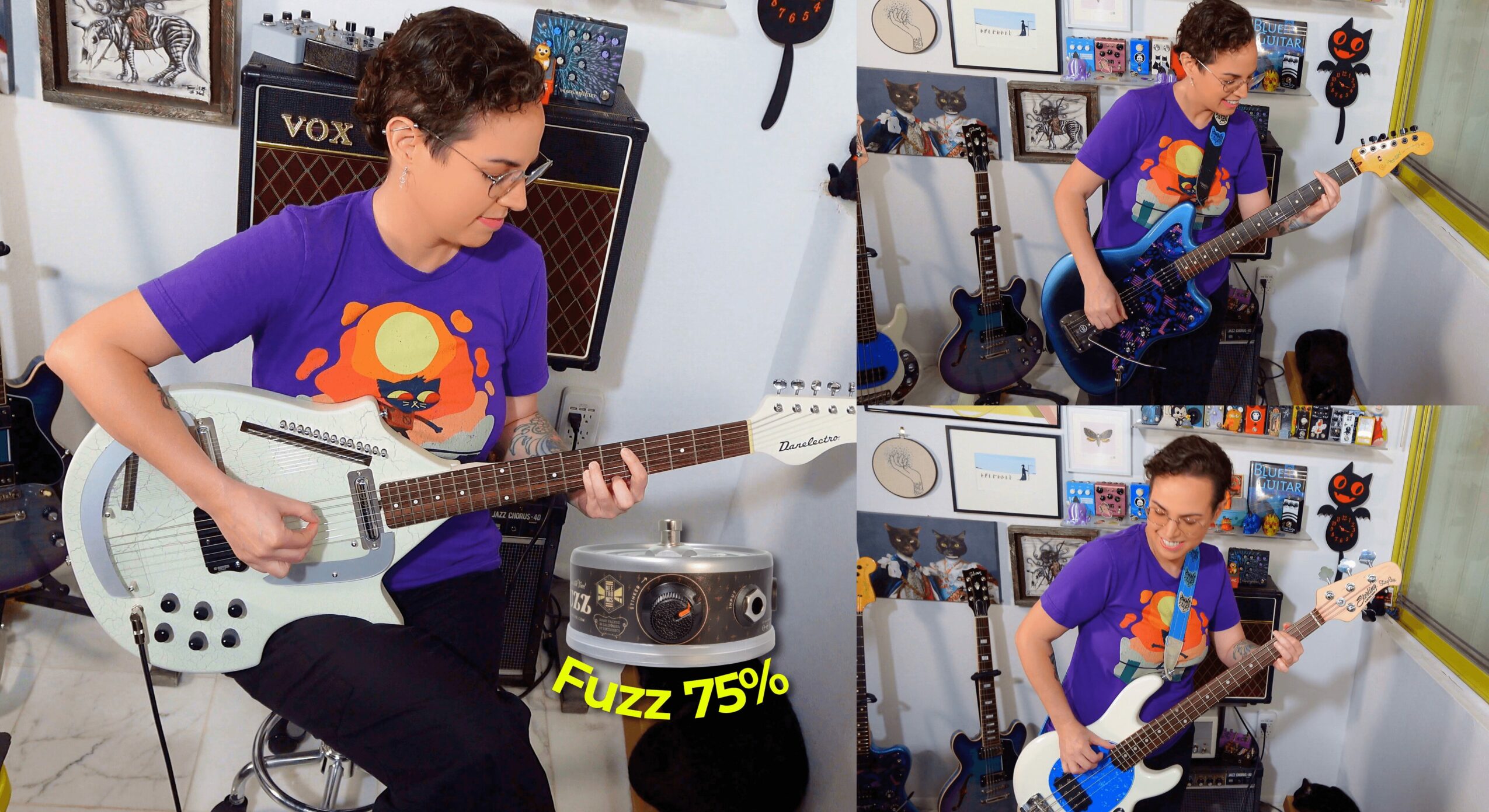 Person playing electric guitar in a music room with posters and instruments, wearing a colorful T-shirt, with a speaker nearby.