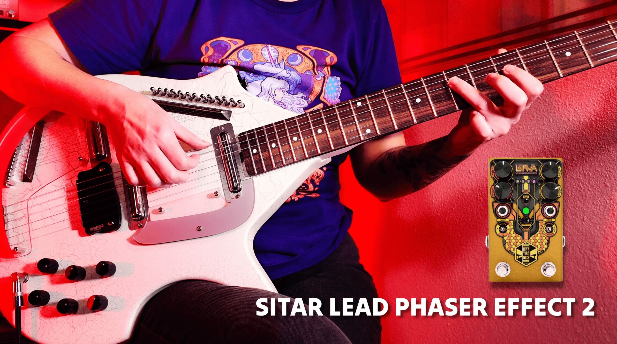 Person playing a white electric guitar with a person wearing a blue shirt, red background, and a pedal effect image.
