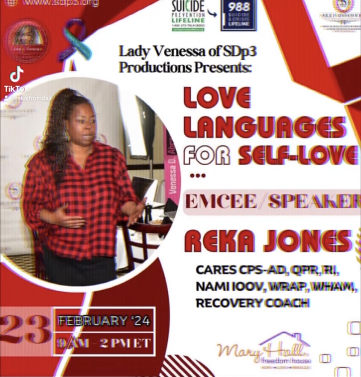 Woman in red and black checkered shirt speaking at event, with text about language and self-love, date February 23, 2024.