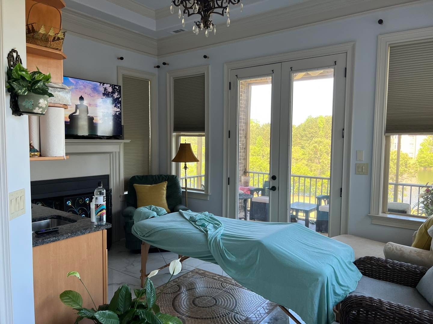 Living room with a bed, TV, and balcony doors, bright with natural light, plants, and furniture.