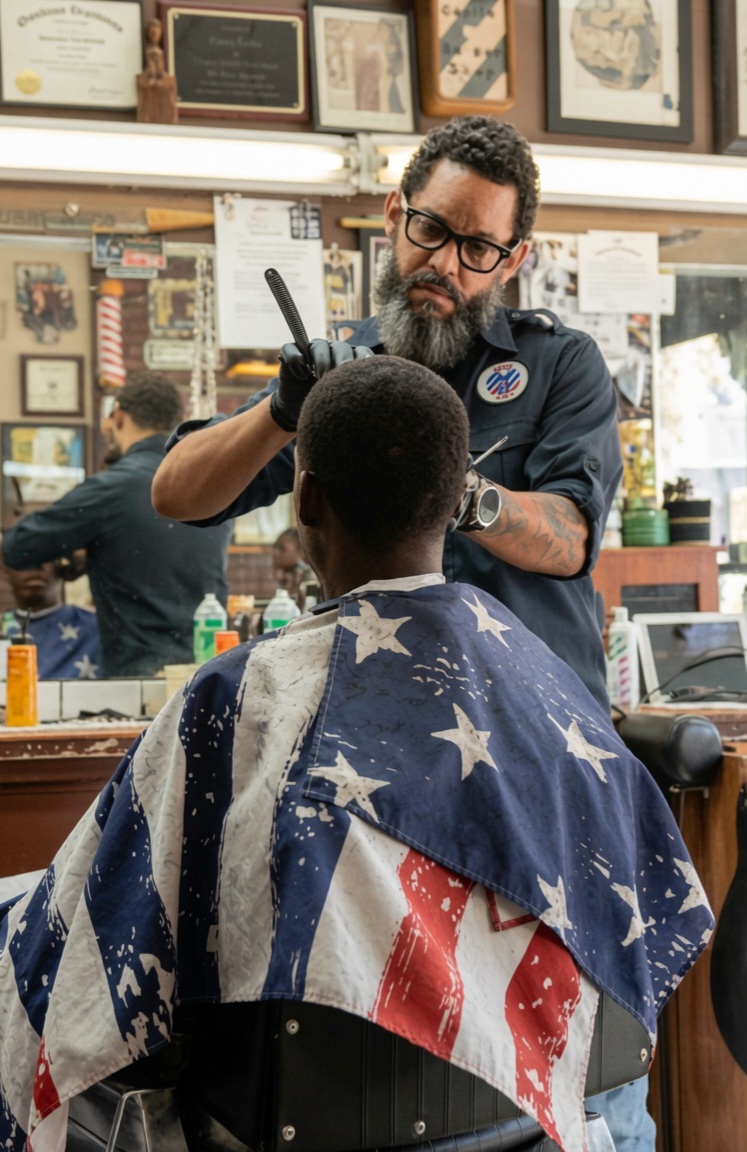 Barber with glasses and beard cutting a customer's hair in a barbershop, American flag cape draped over the customer, shelves and posters in background.