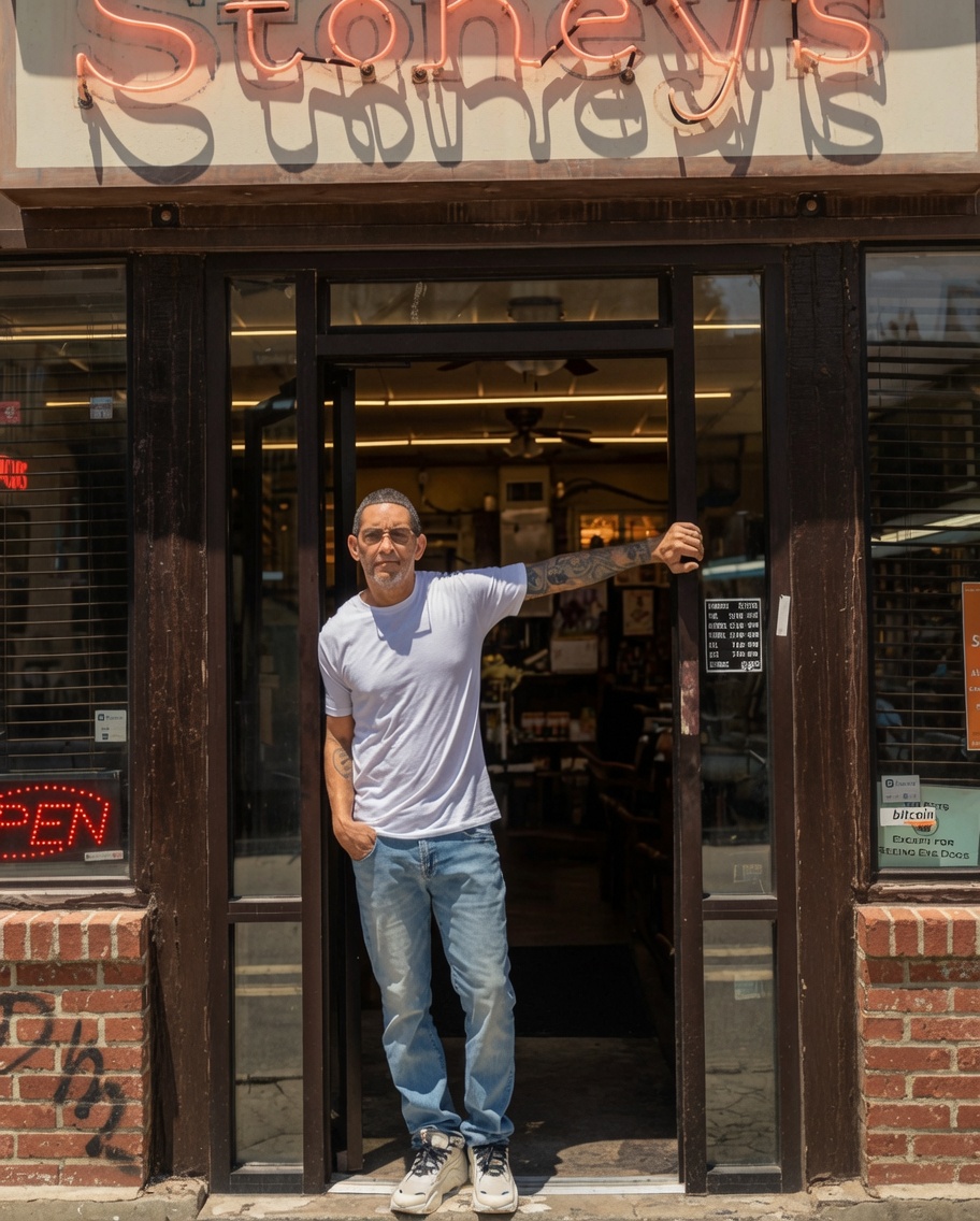 Person standing in front of a store entrance, holding the door open, wearing a white shirt and jeans.