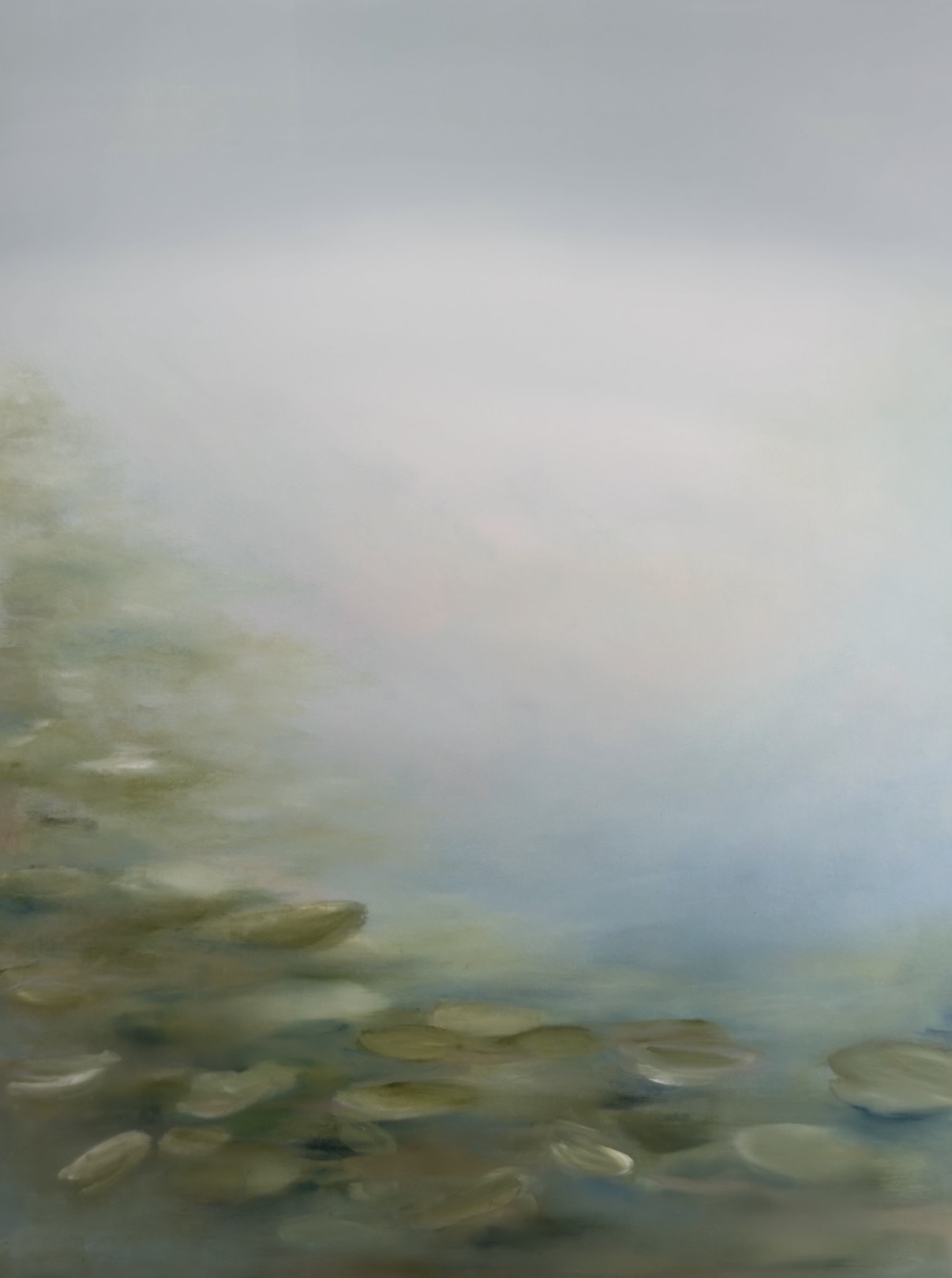 A blurry landscape with water, trees, and sky, with a soft, muted color palette.