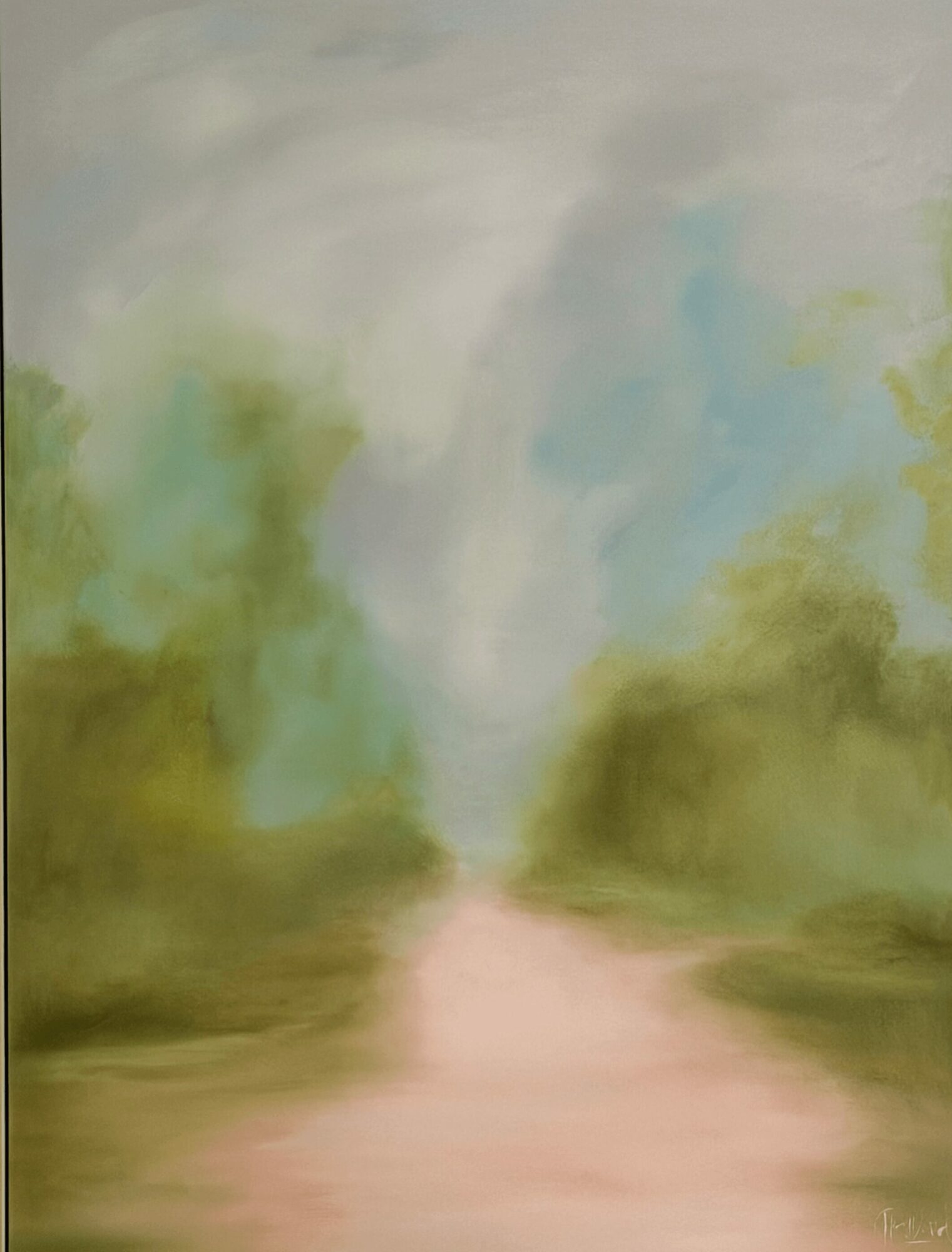 Blurred landscape with a dirt path, trees, and a cloudy sky, painted in soft, muted colors.