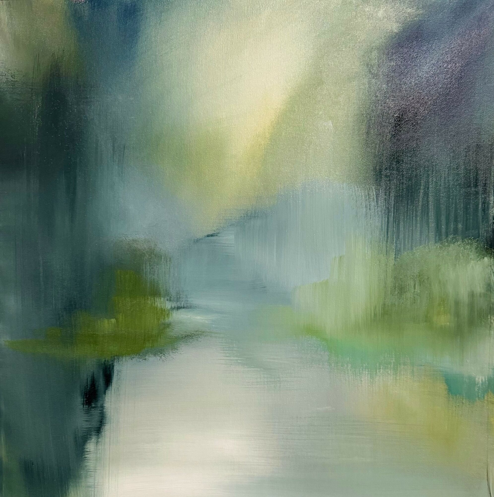 Abstract landscape with a river, trees, and sky in soft, blended colors, predominantly green, blue, and yellow.