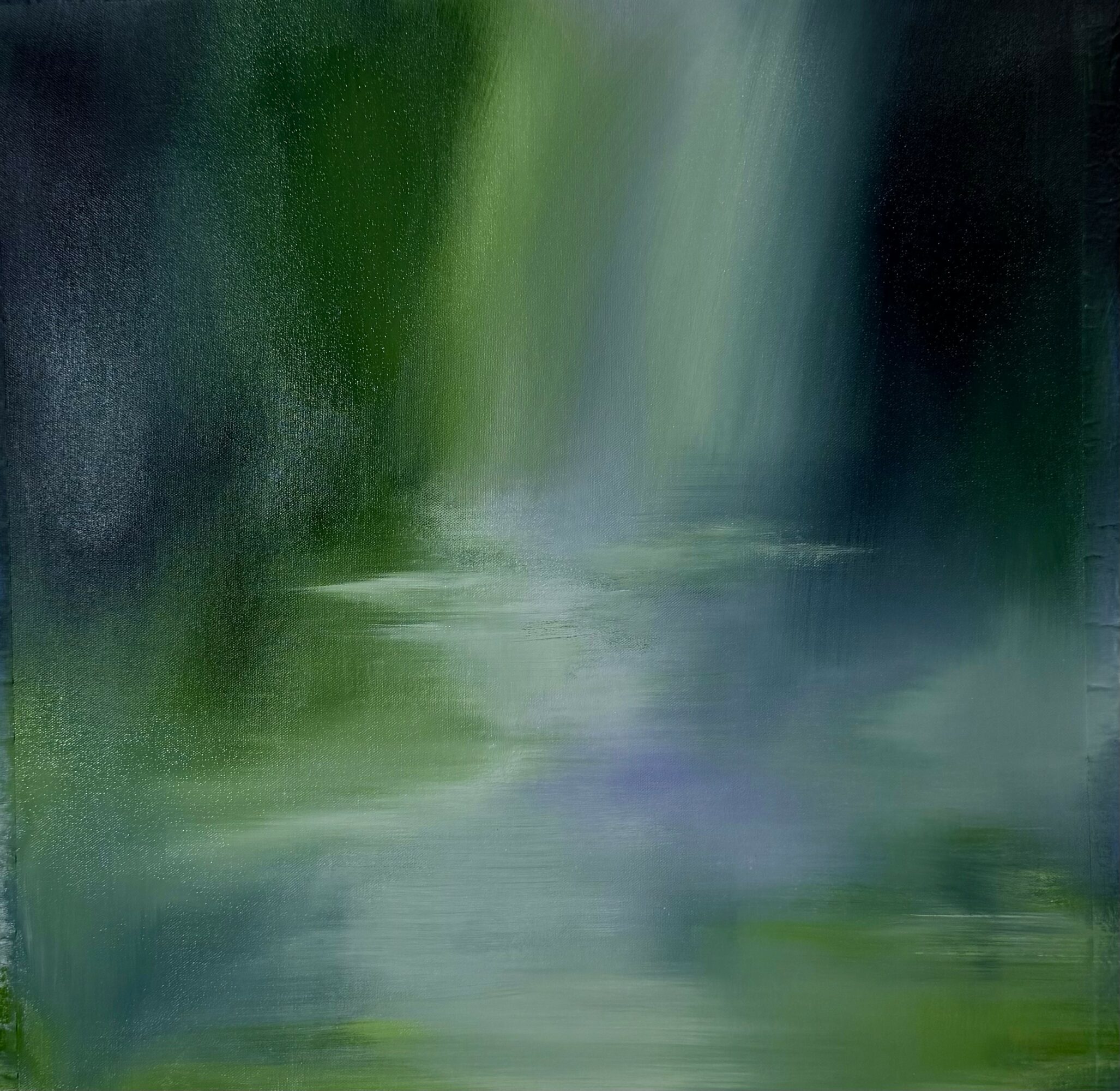 Abstract blurred green and blue scene, possibly nature or water, with no clear objects or subjects.