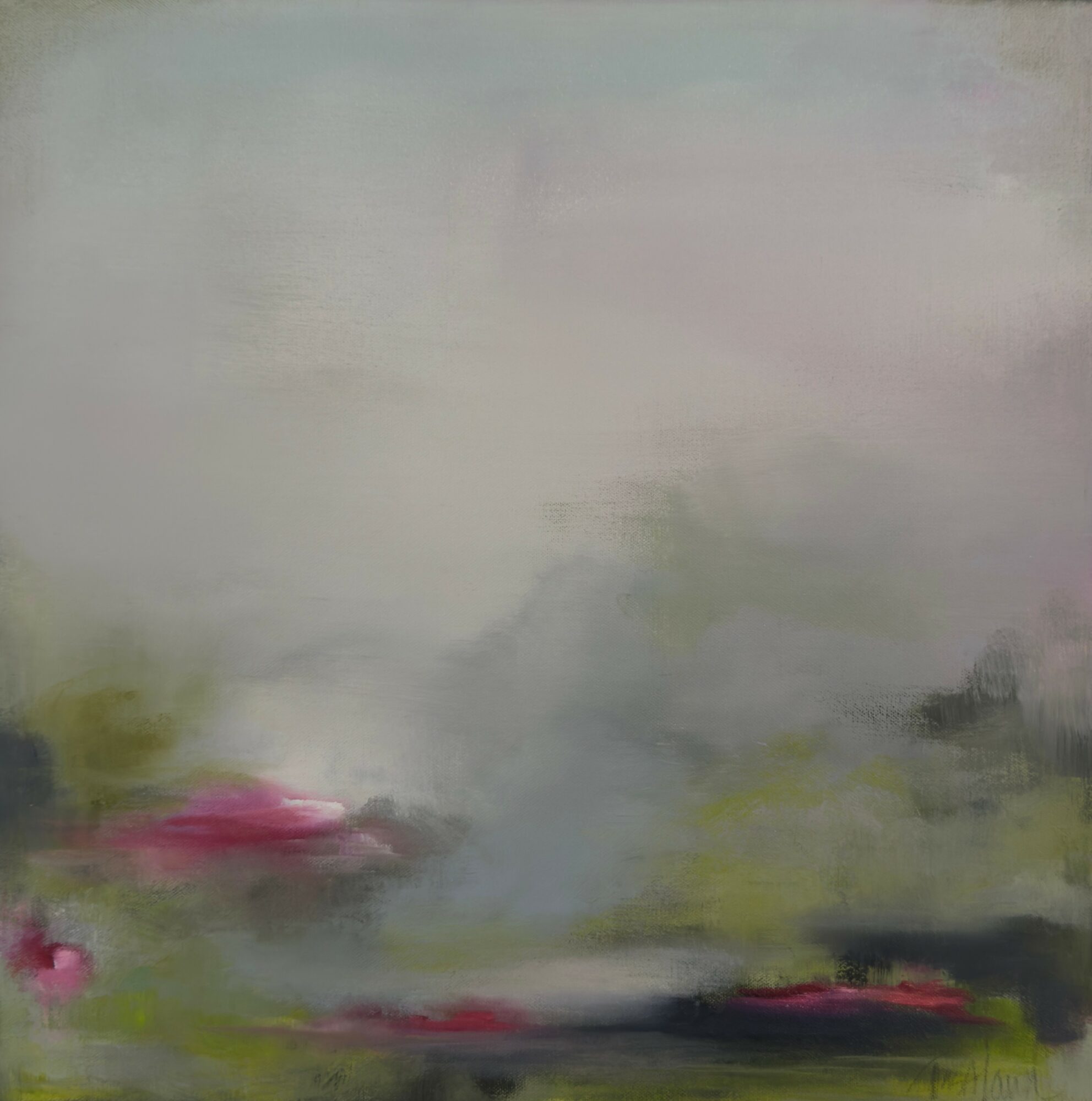 Abstract painting with soft colors, pink, green, gray, and white, with blurred shapes and textures.