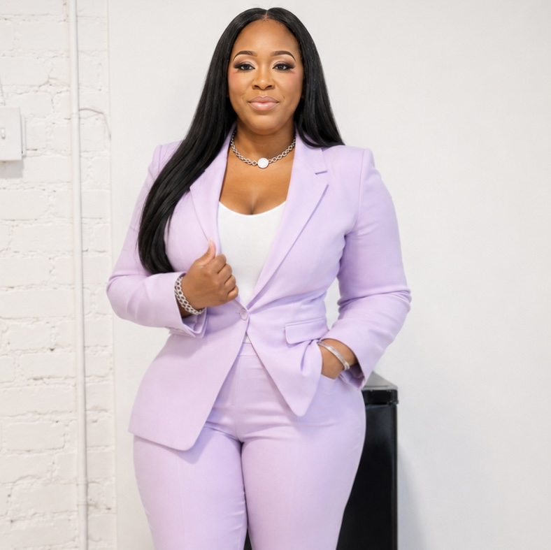 Woman in a light purple suit with long black hair, standing against a white background.