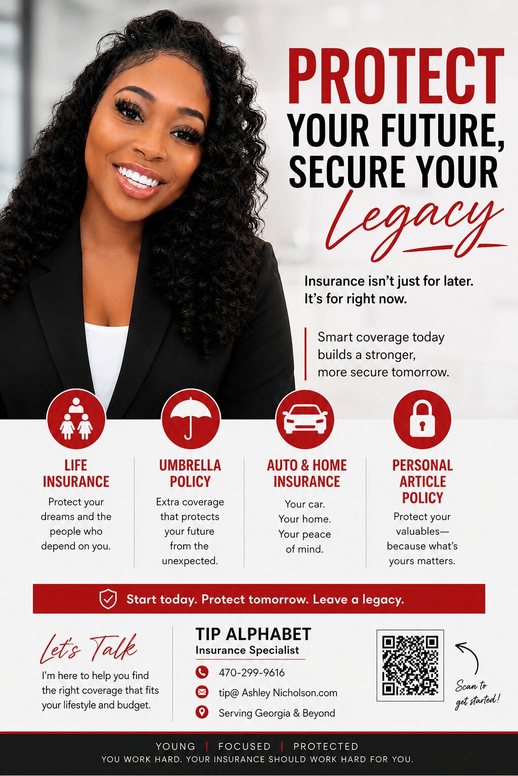 Smiling woman with curly hair, promotional insurance poster with red and black text, icons for insurance types, and contact information.