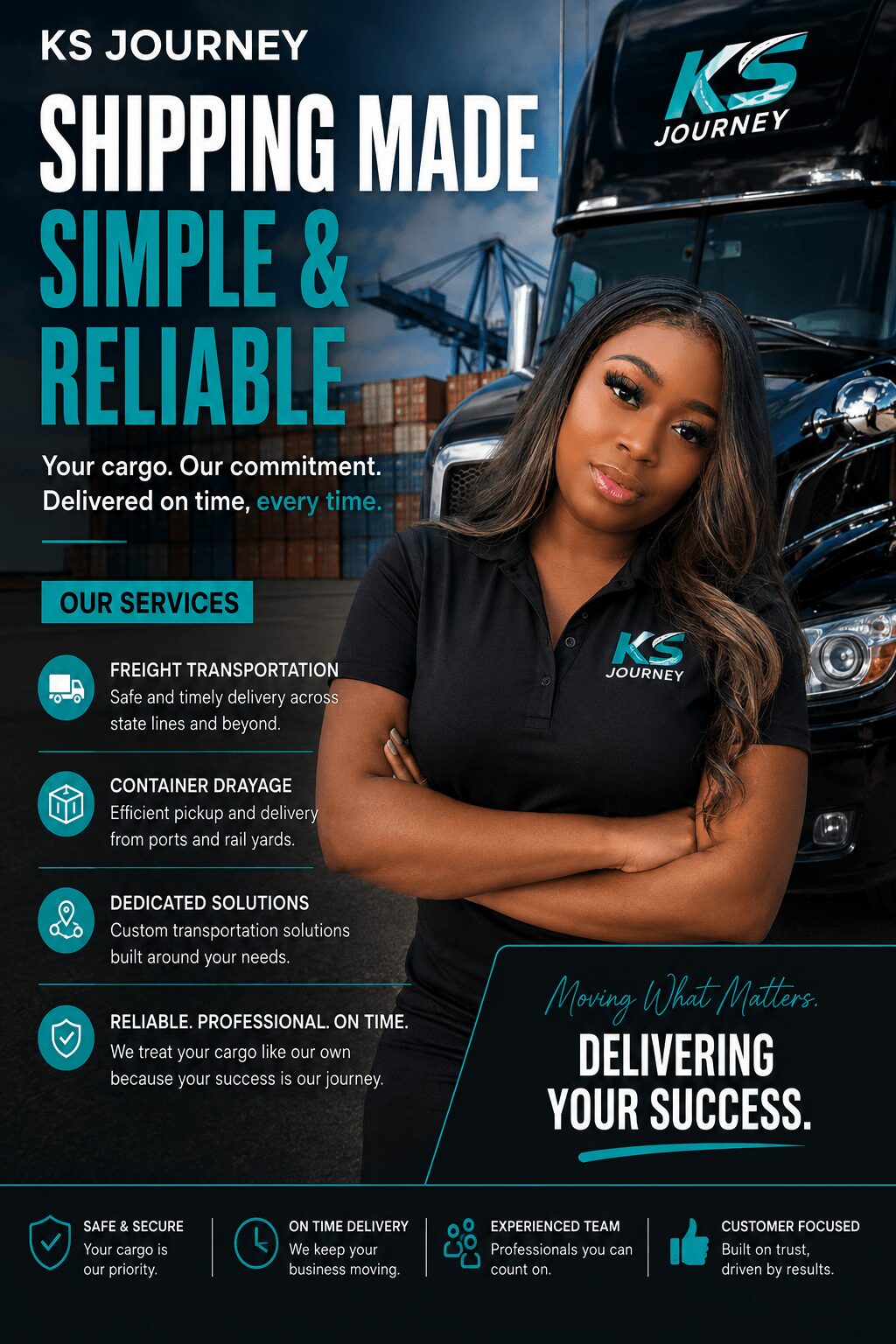 A woman with long dark hair stands in front of a KS Journey shipping truck, smiling. Text highlights reliable shipping services.