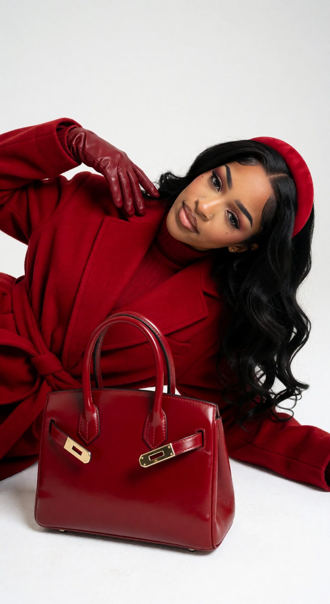 Woman in red outfit with matching hat and gloves, holding a red handbag, posing against a white background.
