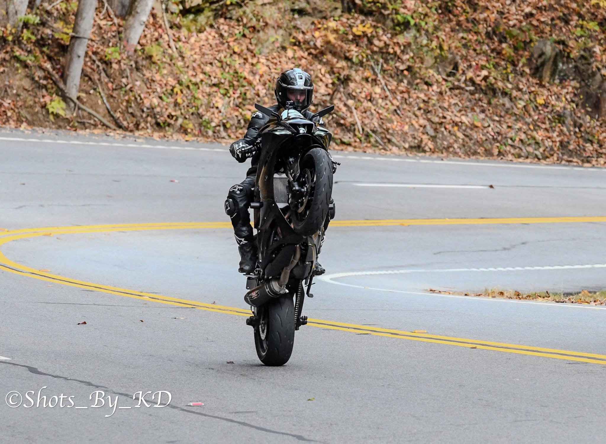 Motorcycle rider performing a wheelie on a curved road with autumn foliage in background.