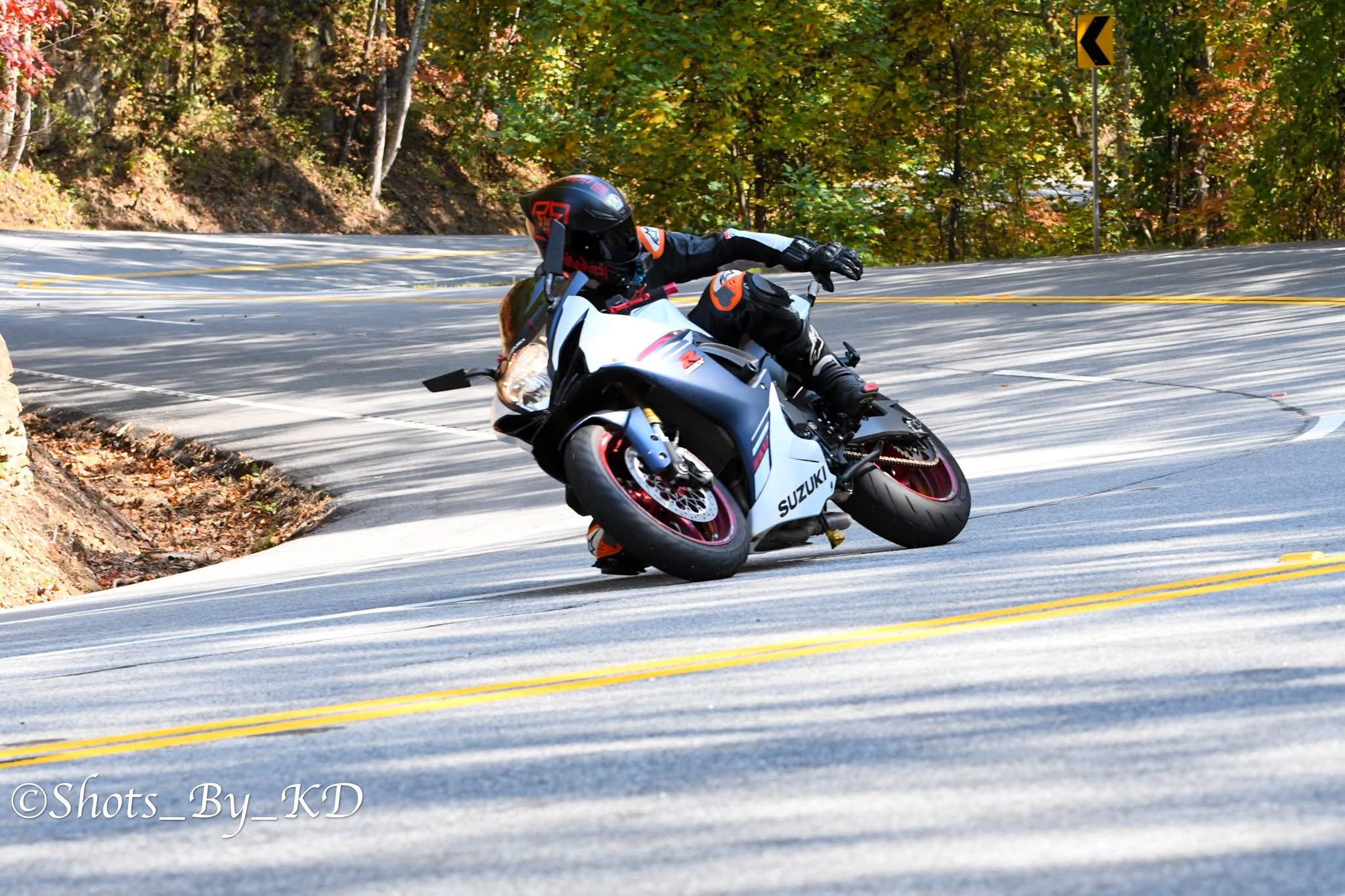 Motorcycle rider leaning into a turn on a curving road surrounded by trees with autumn foliage.
