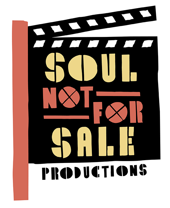 Design with film clapperboard, text 'SOUL NOT FOR SALE PRODUCTIONS', black background, colorful text, and red vertical stripe.
