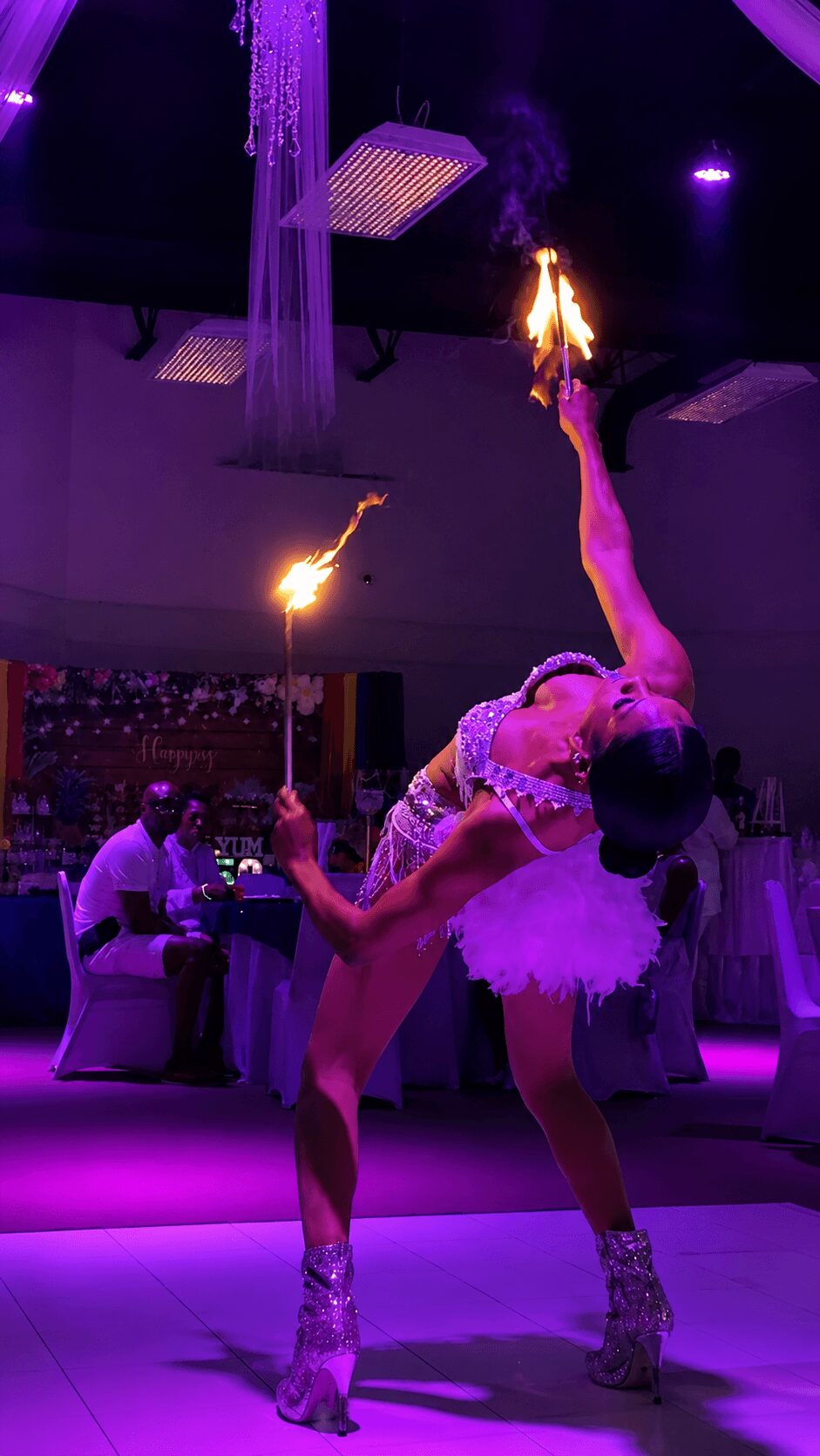 Circus performer holding a flaming torch overhead, illuminated by purple lighting, with seated audience in background.