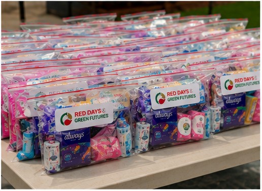 Multiple clear plastic bags filled with colorful items, labeled with 'Red Days' and 'Green Futures' tags, on a table.