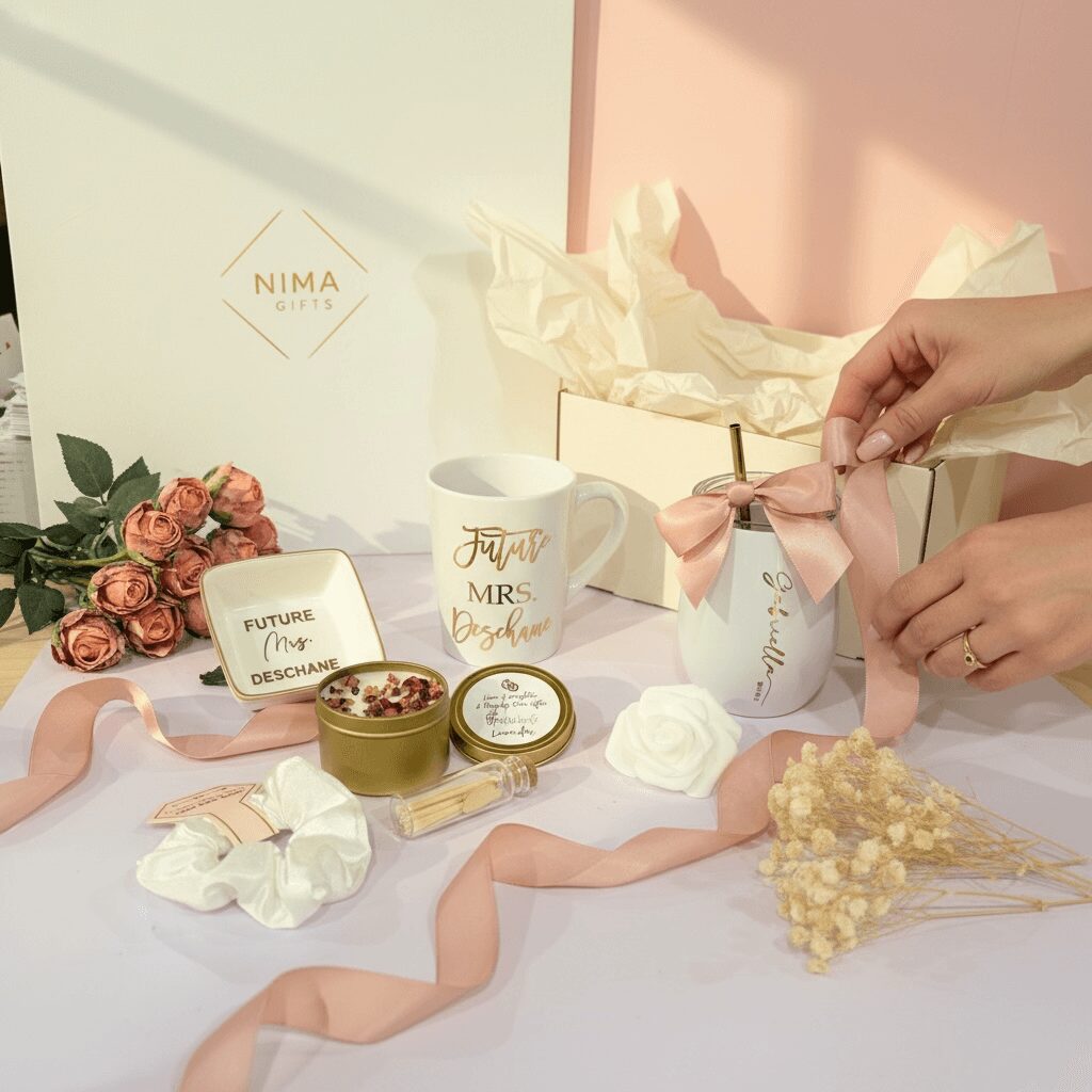 Person tying a pink ribbon on a white mug with flowers, candles, and gift boxes on a table.