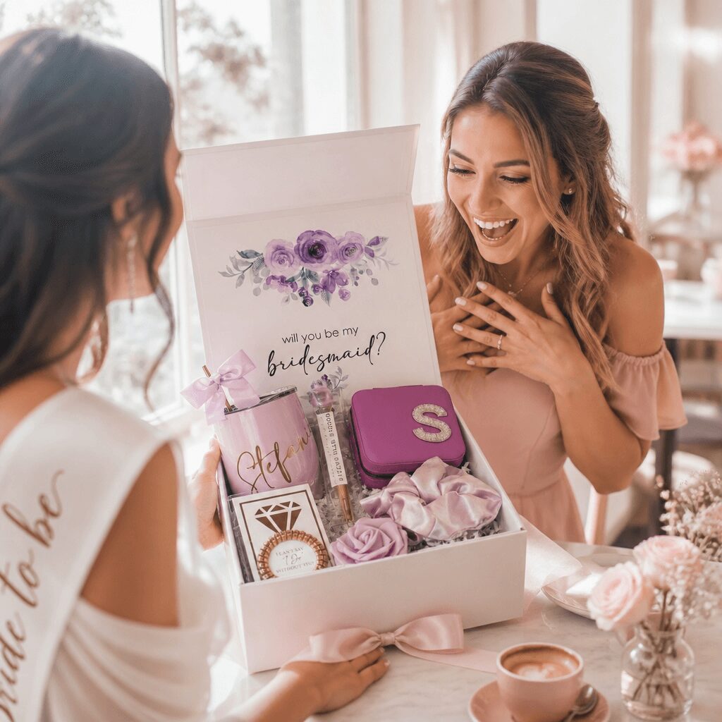 Two women exchanging a bridal gift box with flowers, jewelry, and a purple item, smiling indoors near a window.