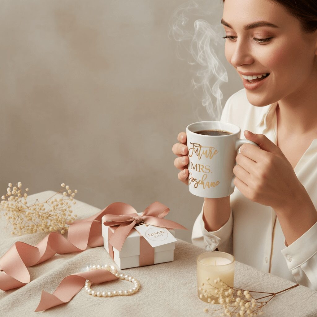 Woman smiling, holding a steaming cup of coffee or tea, sitting at a table with gift box, candle, and pearl necklace.