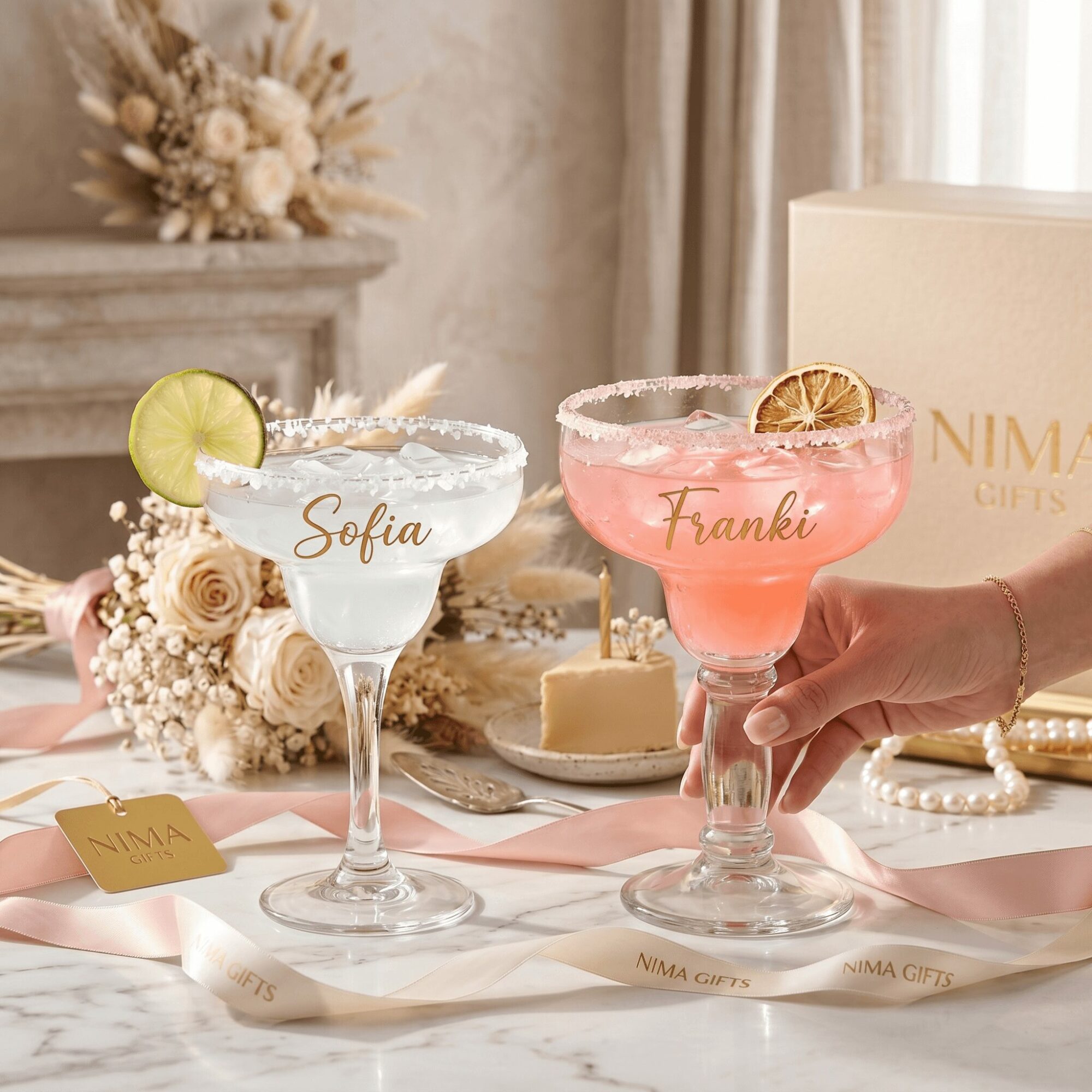 Two cocktails with lime and lemon garnishes on a table with flowers and ribbons.