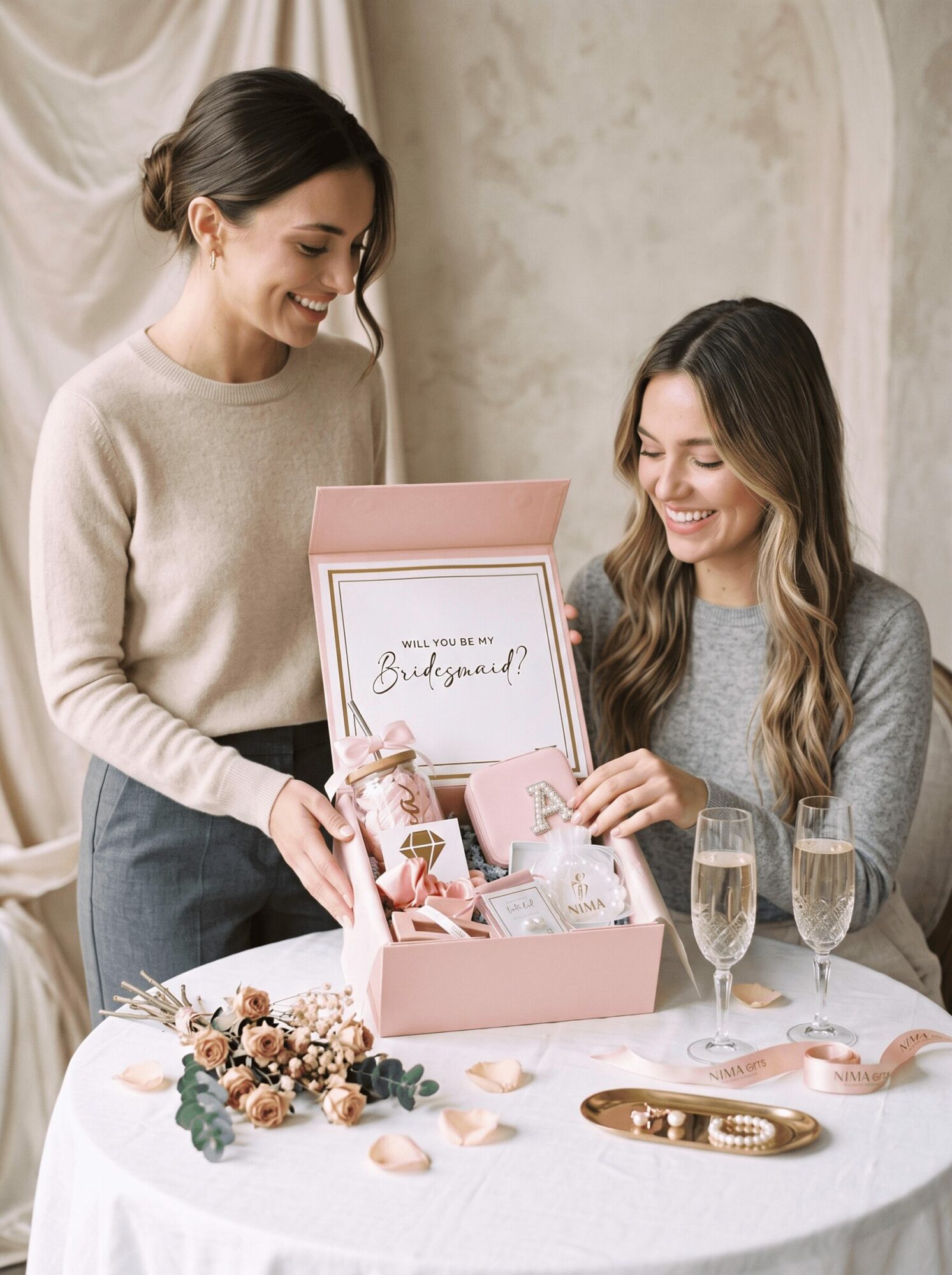 Two women smiling at a gift box on a table with flowers and glasses of champagne.