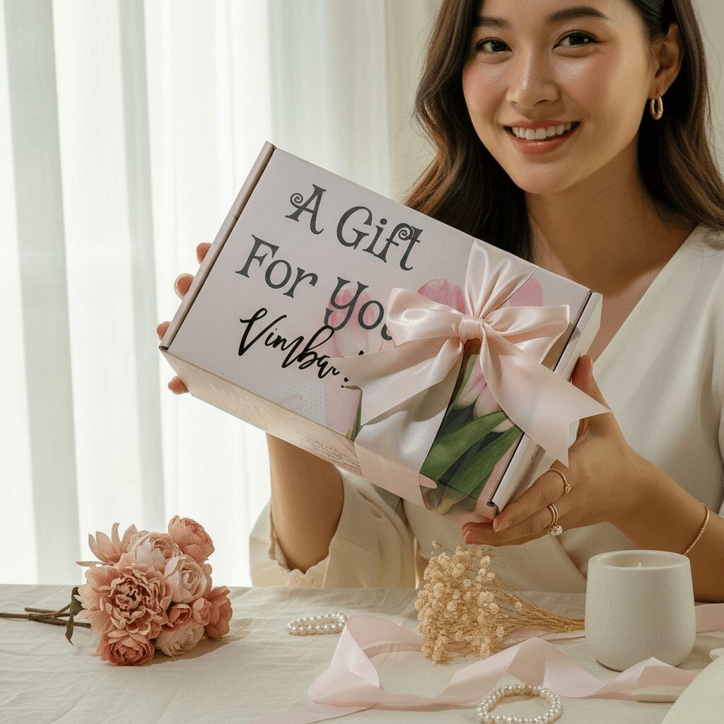 Smiling woman holding a gift box with a pink ribbon, sitting at a table with flowers and a mug.