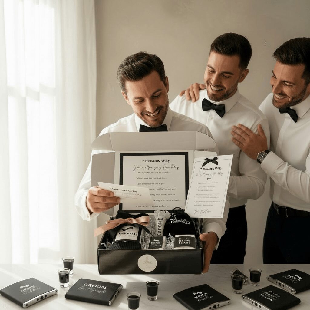 Three men in tuxedos celebrate opening a gift box with wine bottles, smiling and laughing indoors near a window.