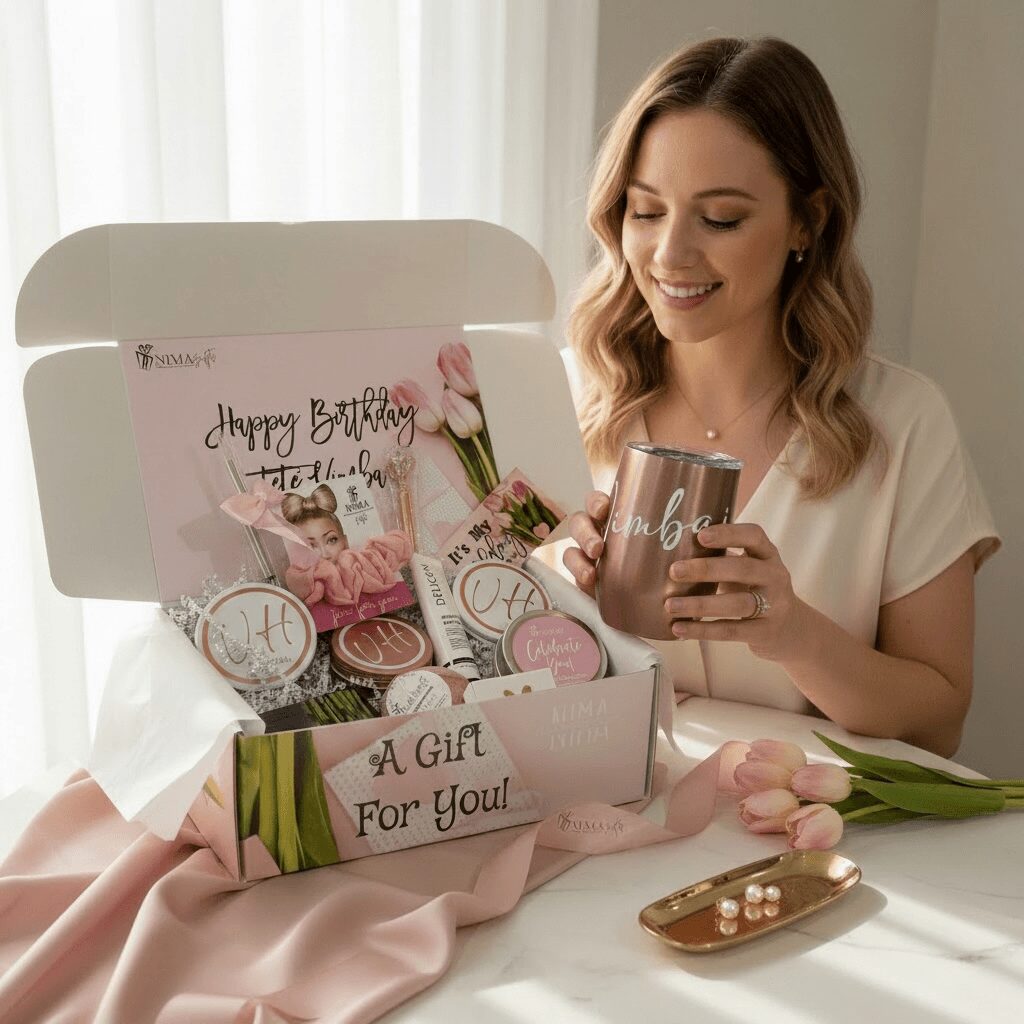 Woman opening birthday gift box with flowers, candles, and pink macarons, smiling and holding a drink in a bright room.