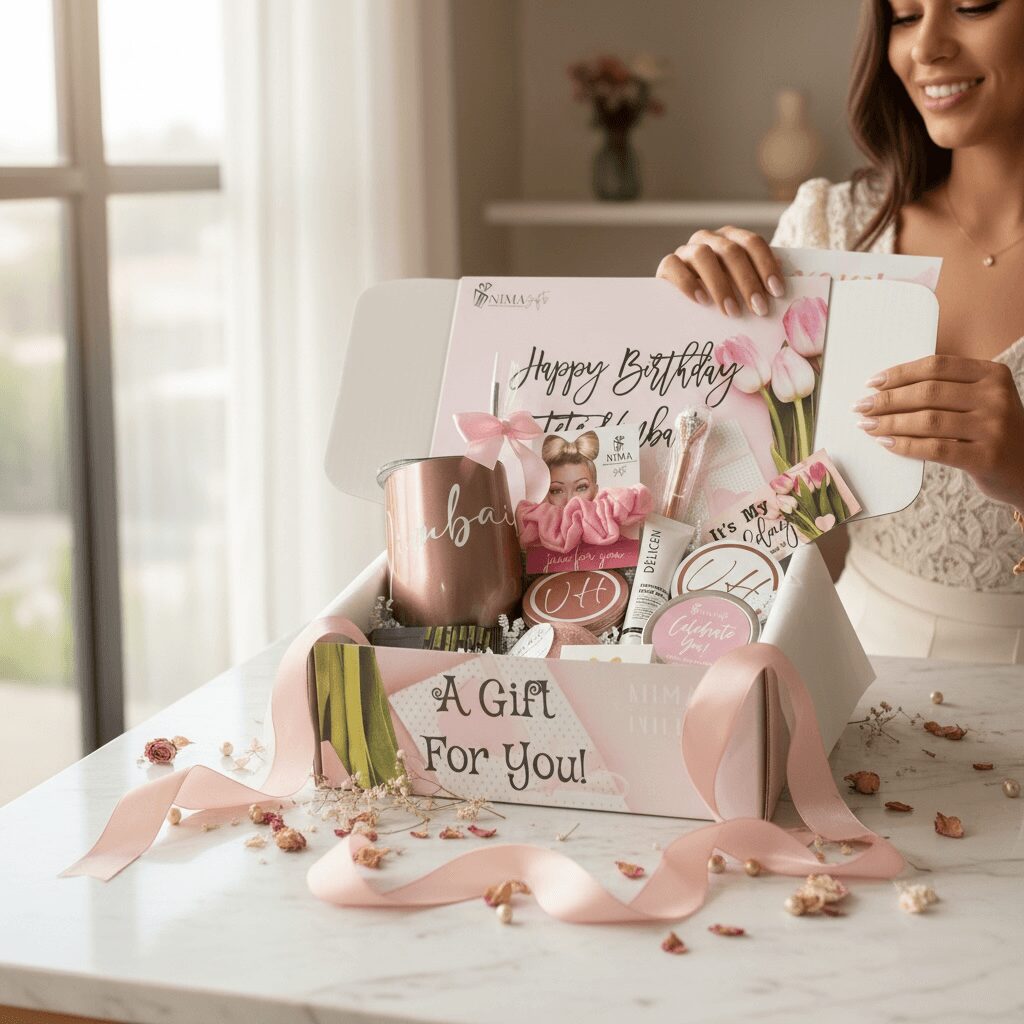 Woman opening a birthday gift box with flowers, candles, and pink items inside, on a table with scattered flower petals.