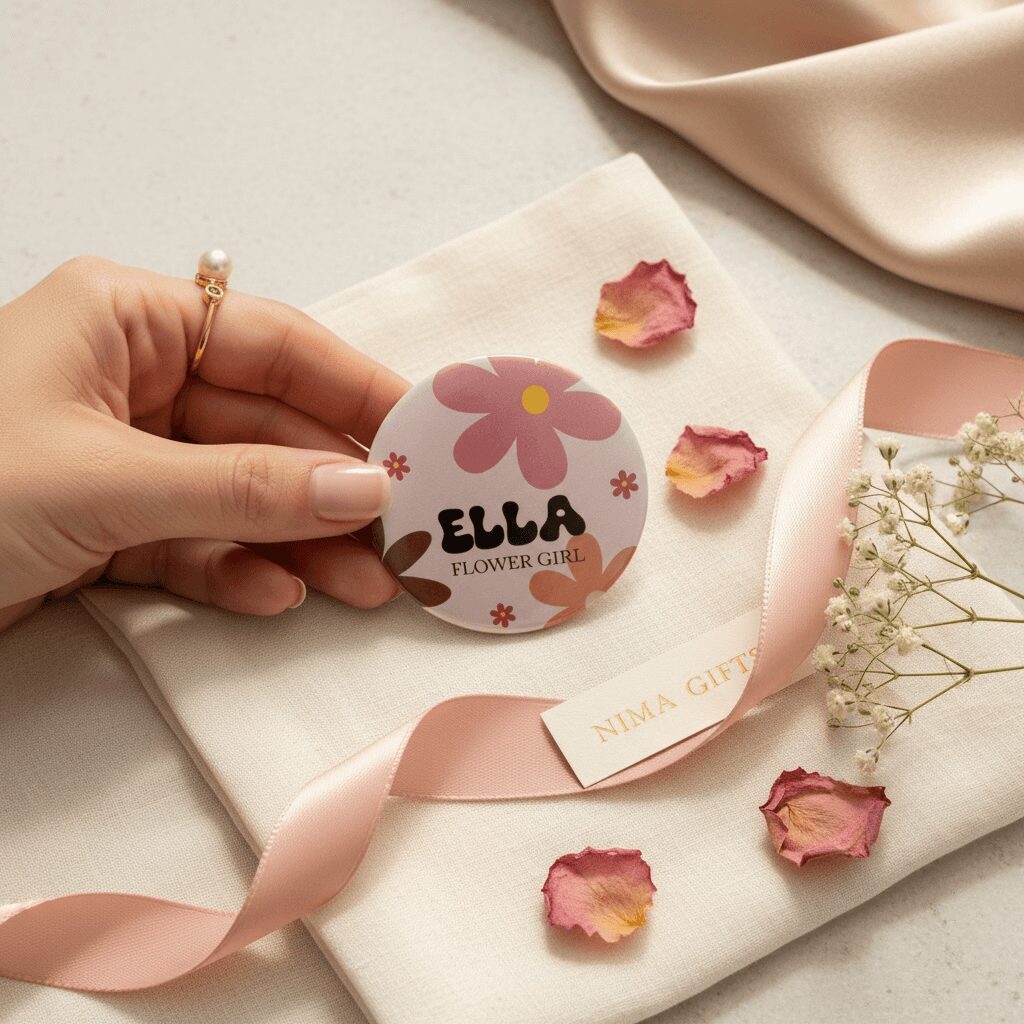 Hand holding a round badge with a pink flower, text, and small flowers, surrounded by dried rose petals and fabric.