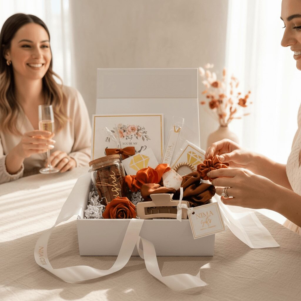 Two women celebrate with a gift box filled with flowers, chocolates, and a card, in a bright room with a window and flowers.