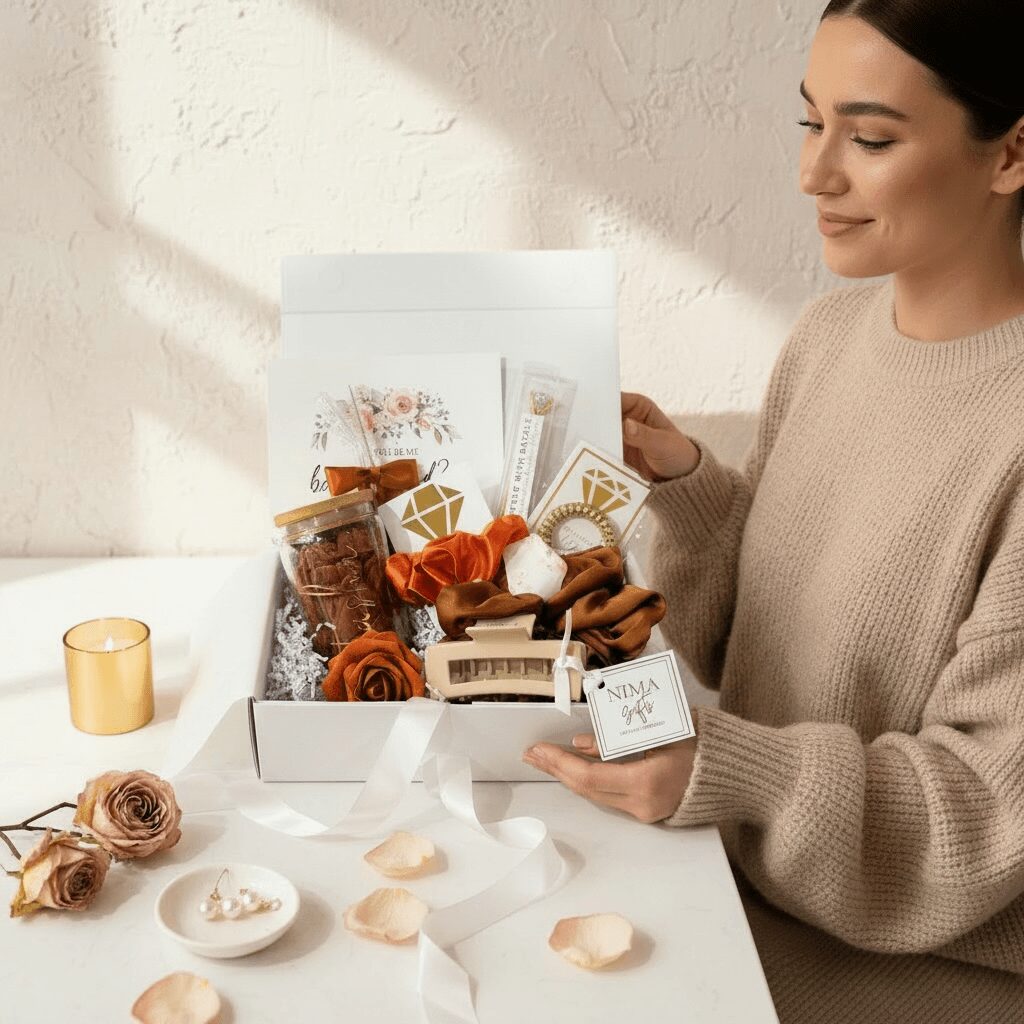 Woman in beige sweater holding a gift box with flowers and chocolates, surrounded by flowers and rose petals on table.