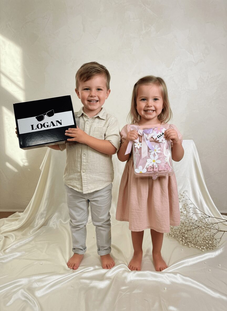 Two children, a boy and a girl, stand indoors holding gifts, smiling, with a plain wall background.