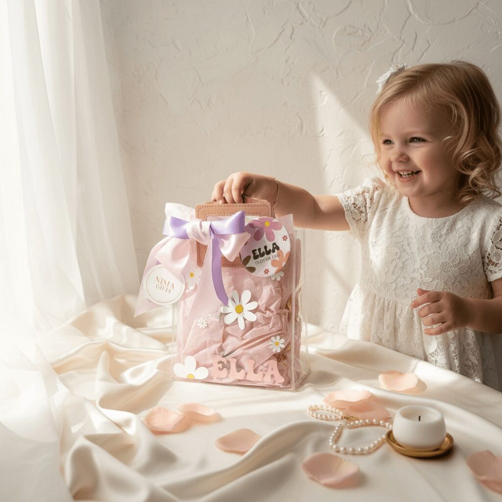 Child with curly hair smiling, holding a pink gift bag with a bow, surrounded by rose petals and a pearl necklace.